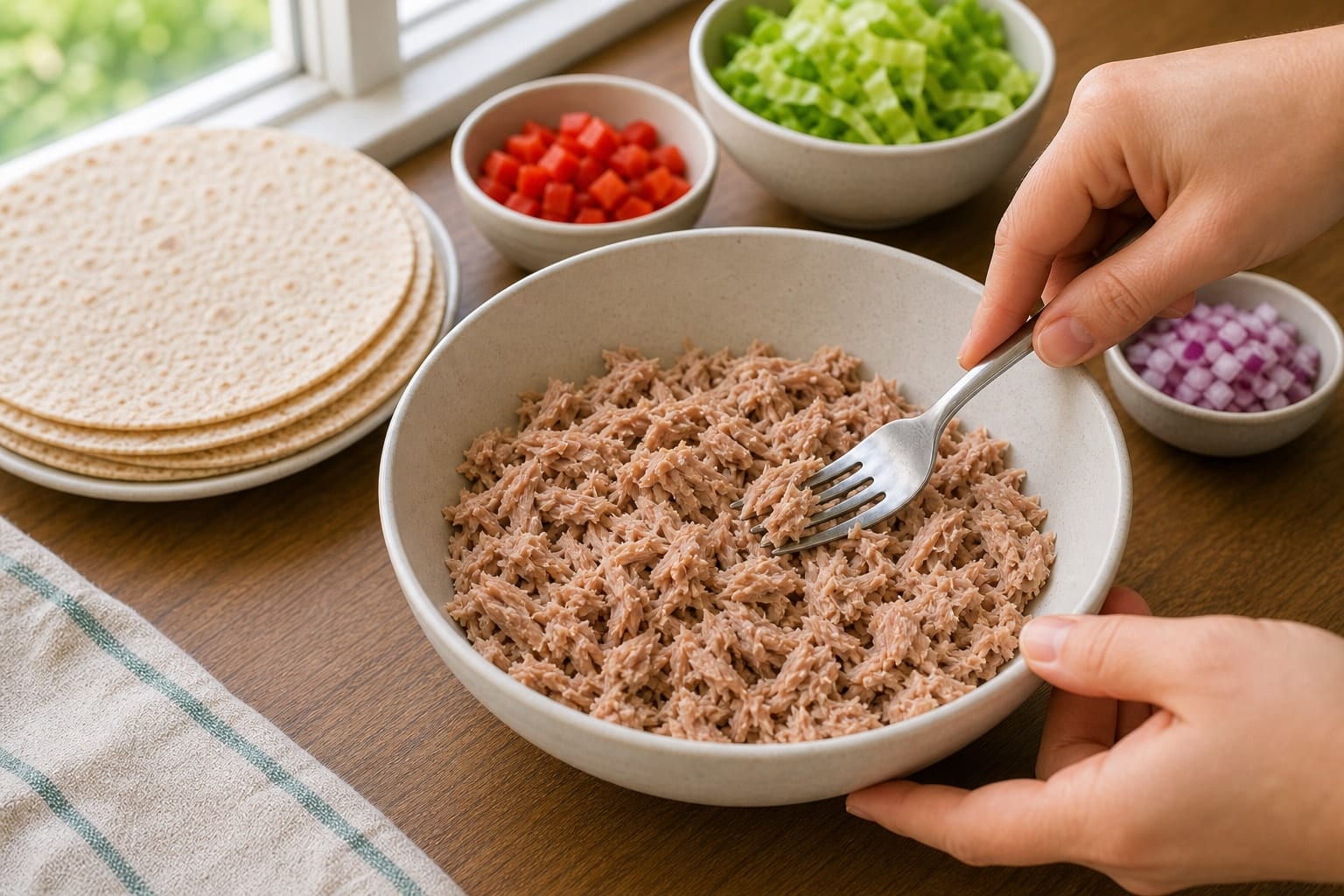 Tuna Tomato Pesto Wraps cooking step 2: Prepare the protein.