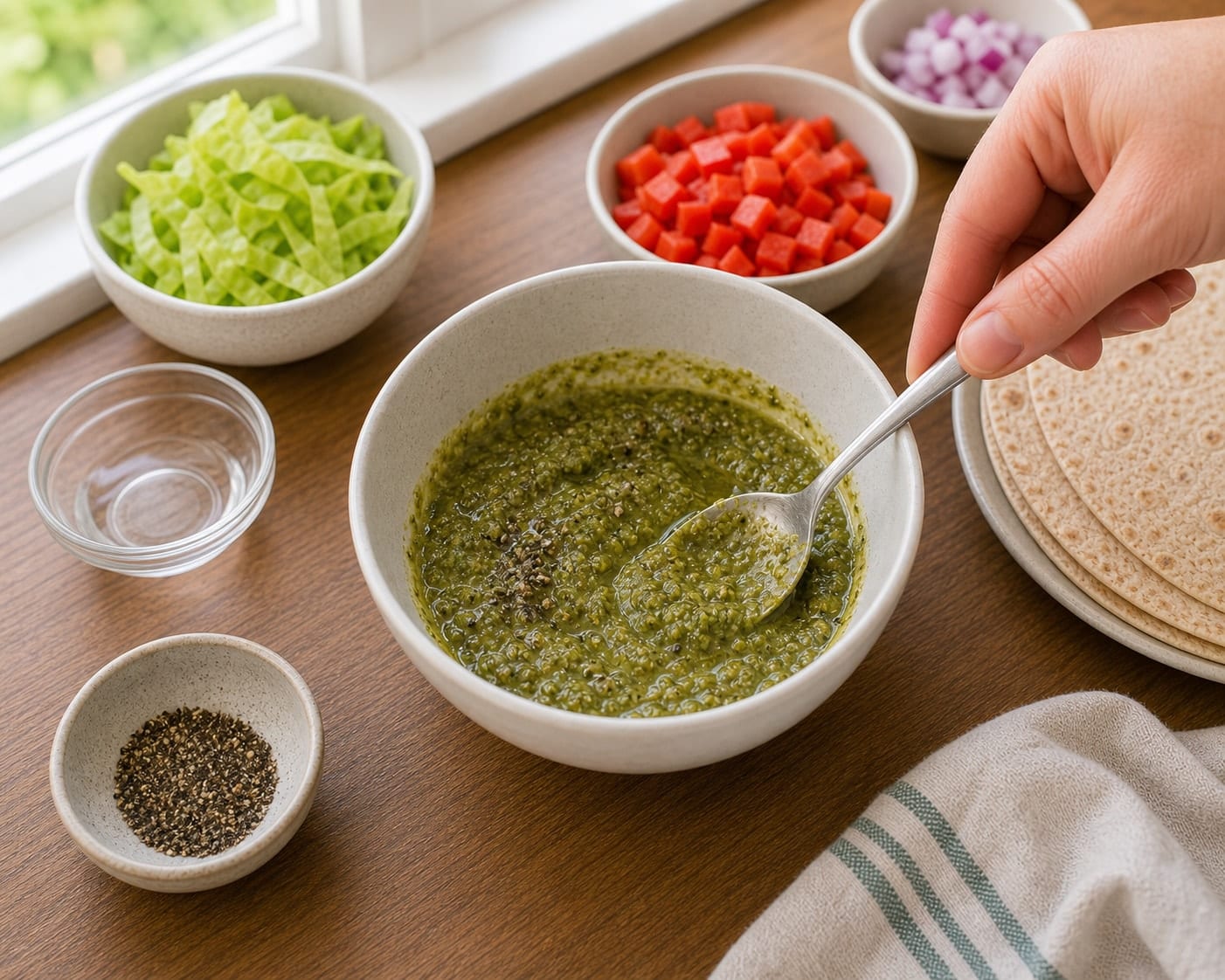 Tuna Tomato Pesto Wraps cooking step 3: Make the dressing.
