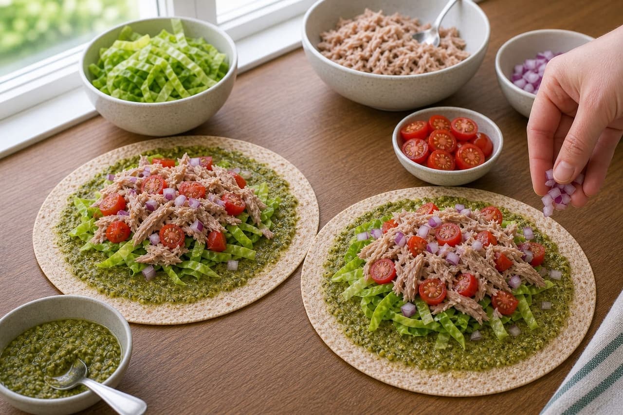 Tuna Tomato Pesto Wraps cooking step 4: Fill the wraps.