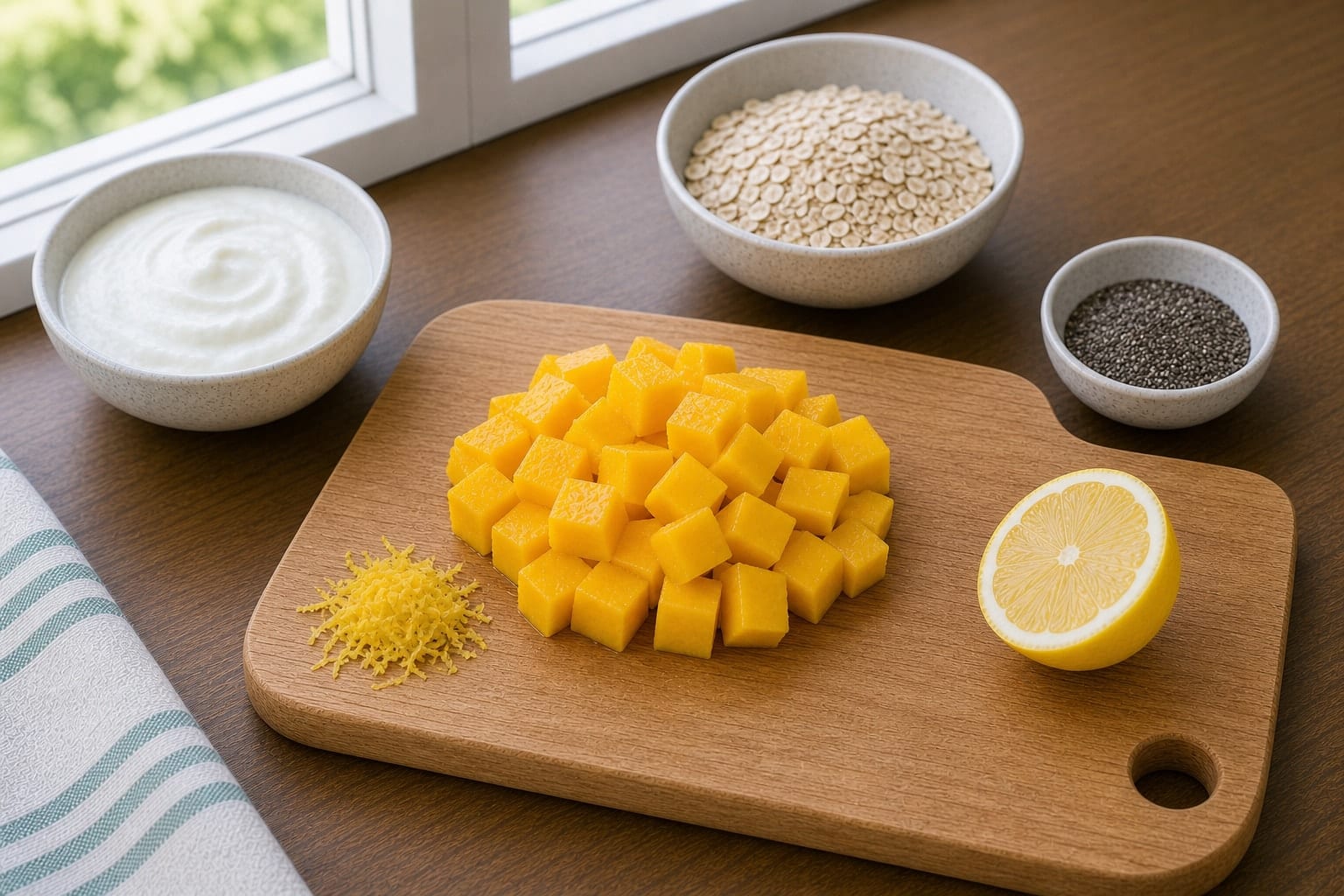 Mango Chia Yoghurt Pots cooking step 1: Prepare the fruit.