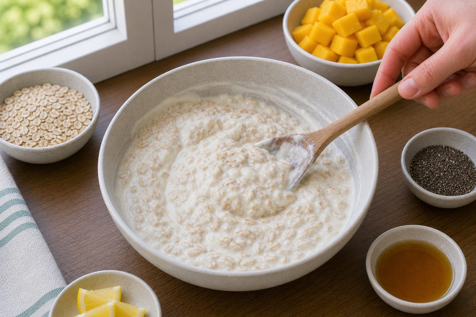 Mango Chia Yoghurt Pots cooking step 3: Soften the oats.