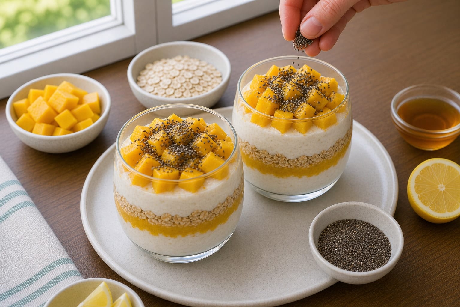 Mango Chia Yoghurt Pots cooking step 5: Add crunch.