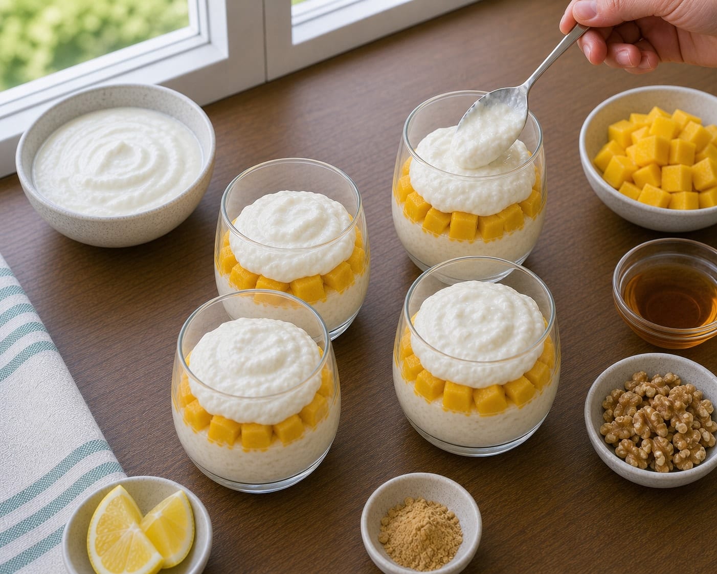 Mango Walnut Yoghurt Pots cooking step 4: Layer the pots.