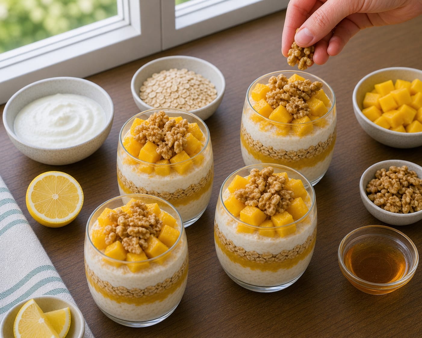 Mango Walnut Yoghurt Pots cooking step 5: Add crunch.