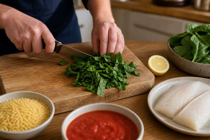 Baked Cod Tomato Orzo cooking step 1: Get prepped.