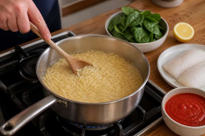 Baked Cod Tomato Orzo cooking step 2: Start cooking.