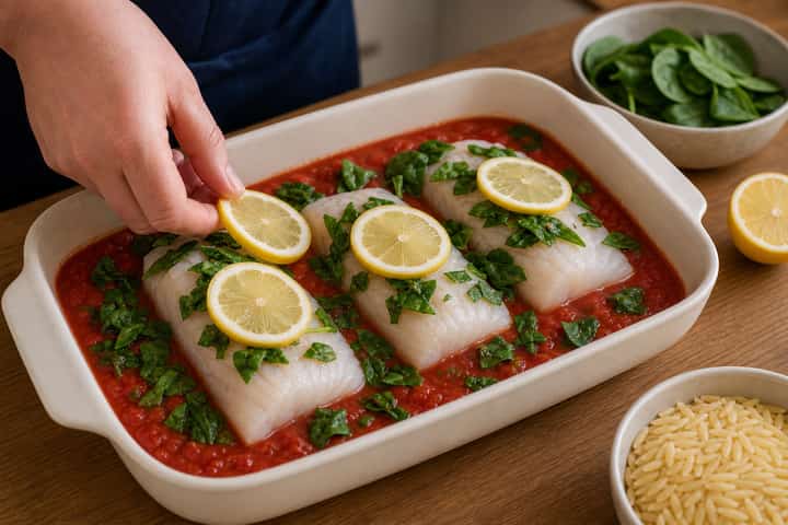 Baked Cod Tomato Orzo cooking step 3: Build the flavour.
