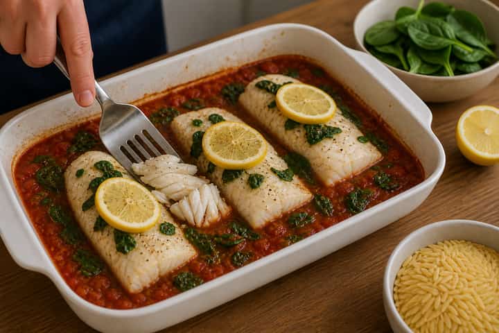 Baked Cod Tomato Orzo cooking step 4: Bring it together.