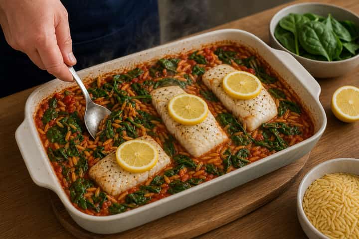 Baked Cod Tomato Orzo cooking step 5: Finish the dish.