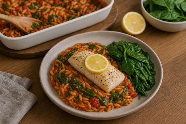 Baked Cod Tomato Orzo cooking step 6: Serve.