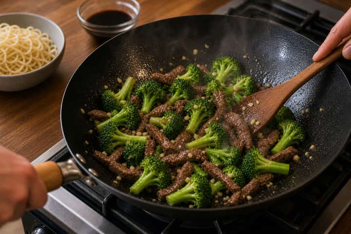 Beef Broccoli Stir Fry cooking step 4: Add broccoli and garlic.