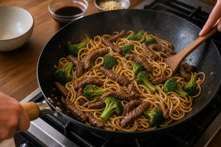 Beef Broccoli Stir Fry cooking step 5: Toss with noodles.