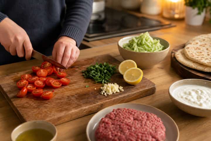 Beef Kofta Tzatziki Flatbreads cooking step 1: Prep the salad.