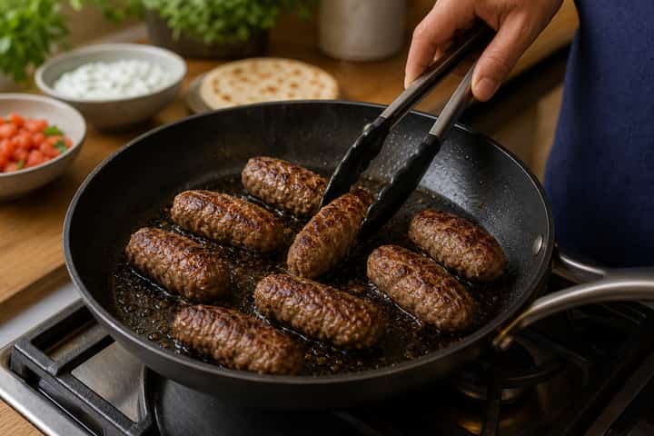 Beef Kofta Tzatziki Flatbreads cooking step 4: Fry until cooked.