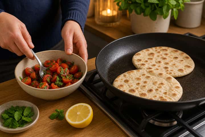 Beef Kofta Tzatziki Flatbreads cooking step 5: Warm and dress.