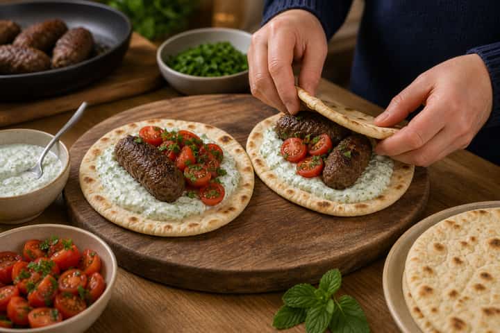 Beef Kofta Tzatziki Flatbreads cooking step 6: Build the flatbreads.