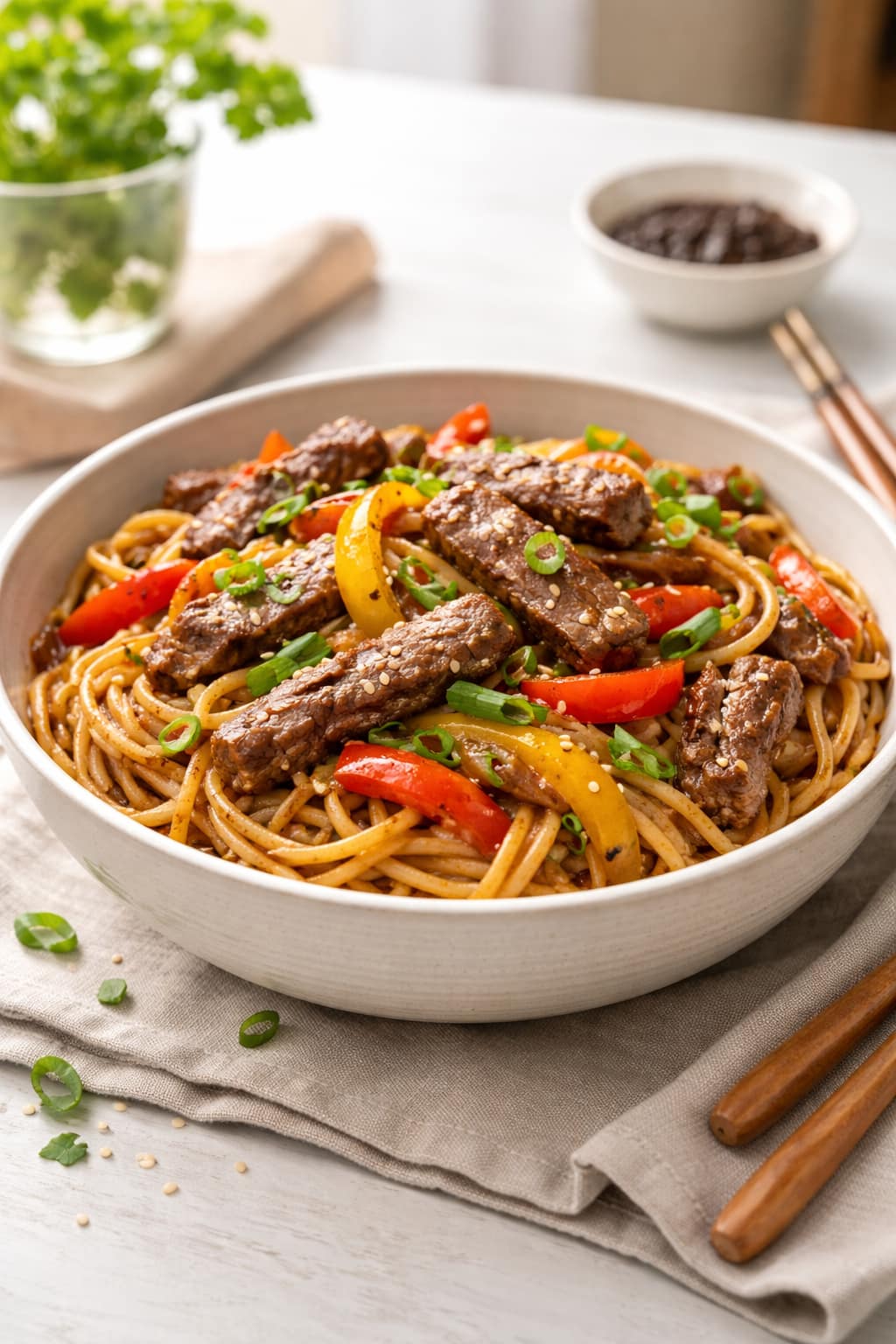 Beef Stir Fry Noodle Bowls with peppers, spring onions, and glossy noodles.