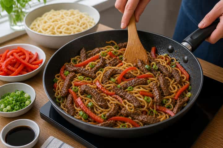 Beef Stir Fry Noodle Bowls cooking step 4: Bring it together.