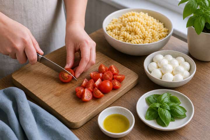 Caprese Pasta Salad cooking step 2: Start cooking.