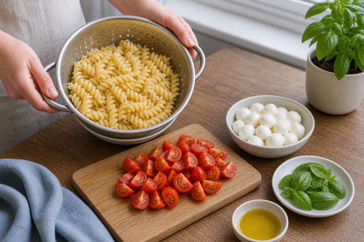 Caprese Pasta Salad cooking step 3: Build the flavour.