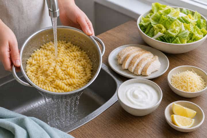 Chicken Caesar Pasta Salad cooking step 1: Get prepped.
