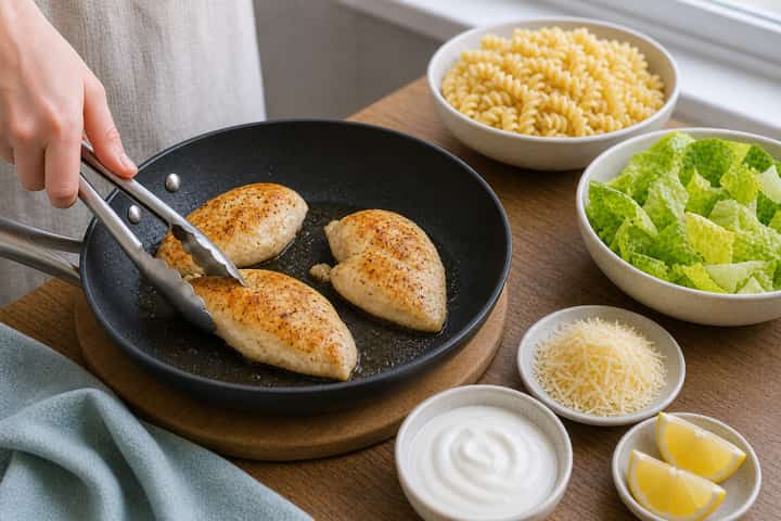 Chicken Caesar Pasta Salad cooking step 3: Build the flavour.