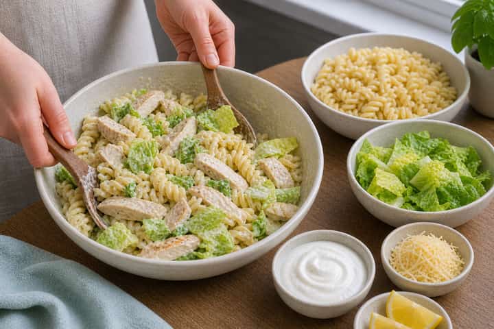 Chicken Caesar Pasta Salad cooking step 4: Bring it together.