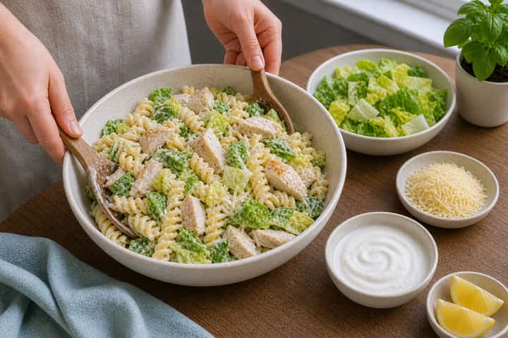 Chicken Caesar Pasta Salad cooking step 5: Finish the dish.