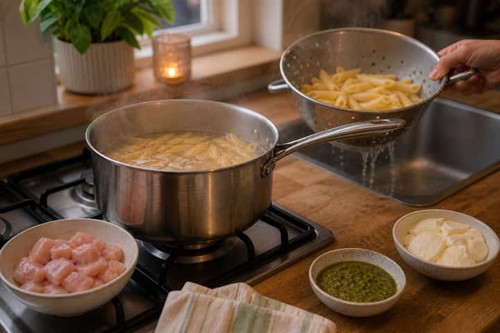 Chicken Pesto Pasta Bake cooking step 2: Start cooking.