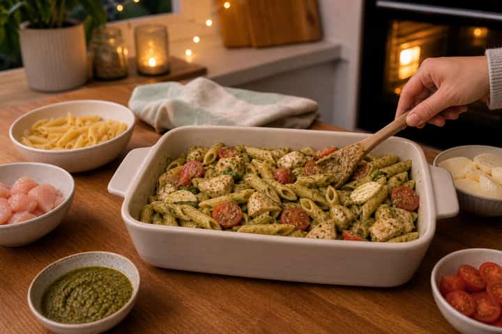 Chicken Pesto Pasta Bake cooking step 5: Finish the dish.
