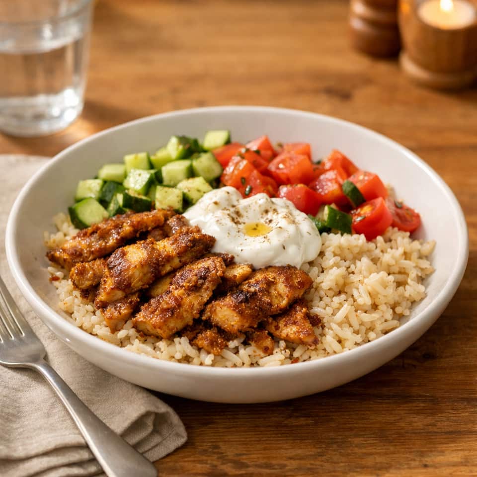 Chicken shawarma bowls with rice, cucumber, tomato and yoghurt.