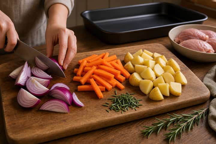 Chicken Traybake Potatoes and Carrots cooking step 2: Chop the veg.