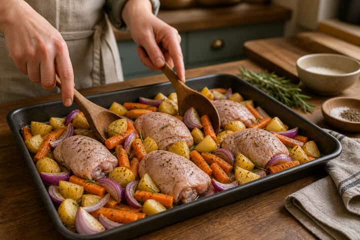 Chicken Traybake Potatoes and Carrots cooking step 3: Season the tray.