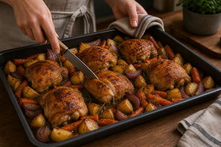 Chicken Traybake Potatoes and Carrots cooking step 5: Check and rest.