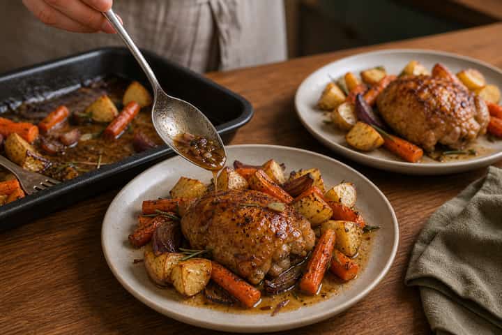 Chicken Traybake Potatoes and Carrots cooking step 6: Serve with juices.