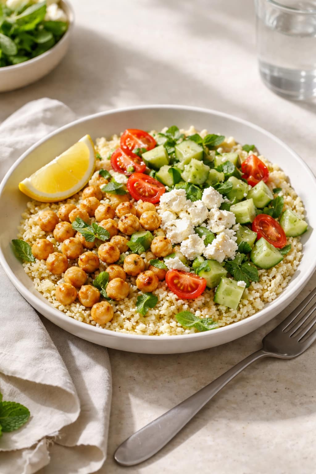 Chickpea feta couscous bowls with cucumber, tomatoes, lemon, and mint.