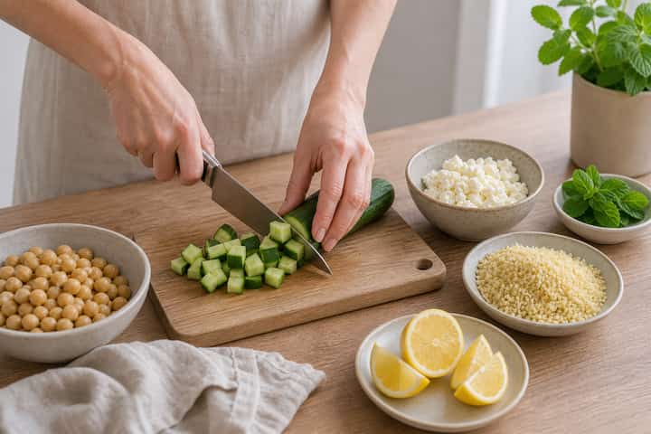 Chickpea Feta Grain Bowls cooking step 2: Start cooking.