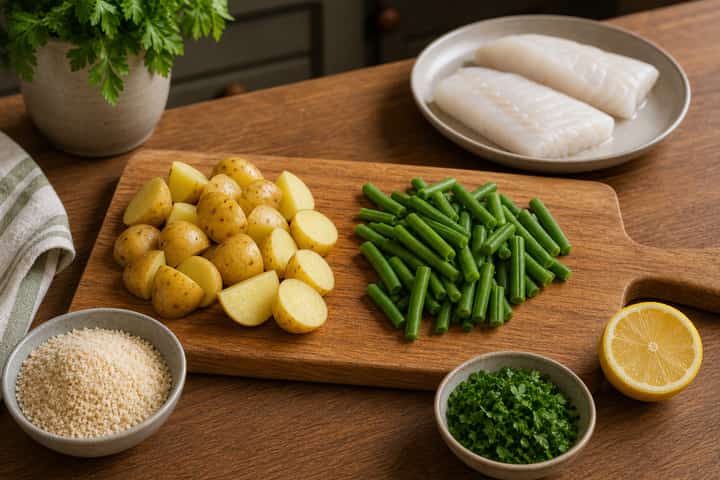 Cod with Herby Crumbs and New Potatoes cooking step 1: Get prepped.