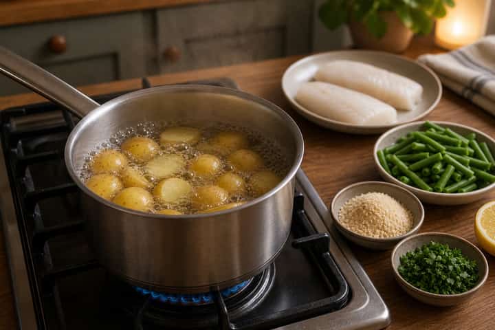 Cod with Herby Crumbs and New Potatoes cooking step 2: Start cooking.