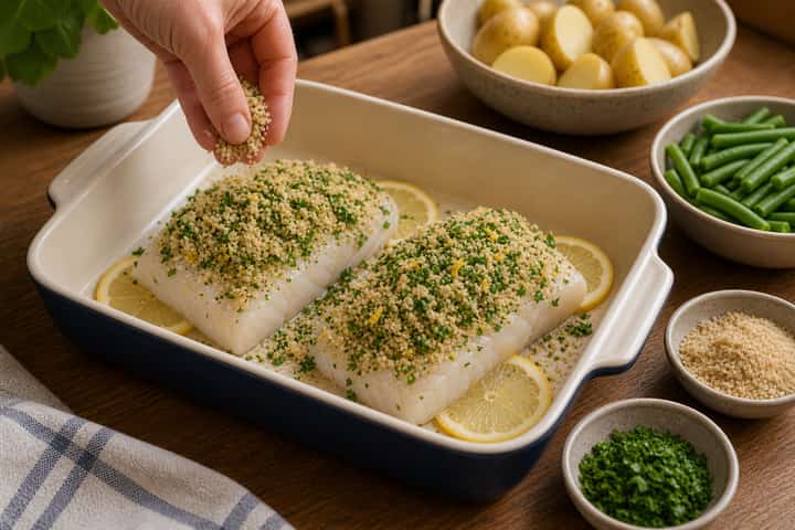 Cod with Herby Crumbs and New Potatoes cooking step 3: Build the flavour.
