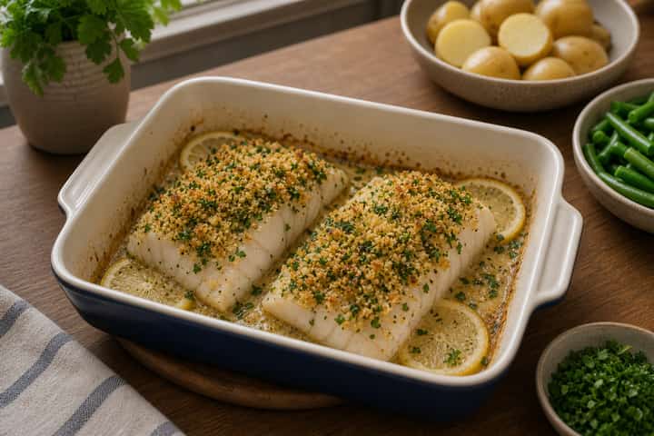 Cod with Herby Crumbs and New Potatoes cooking step 4: Bring it together.