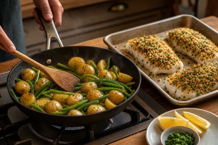 Cod with Herby Crumbs and New Potatoes cooking step 5: Finish the dish.