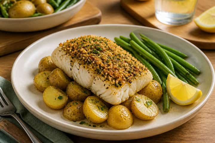 Cod with Herby Crumbs and New Potatoes cooking step 6: Serve.