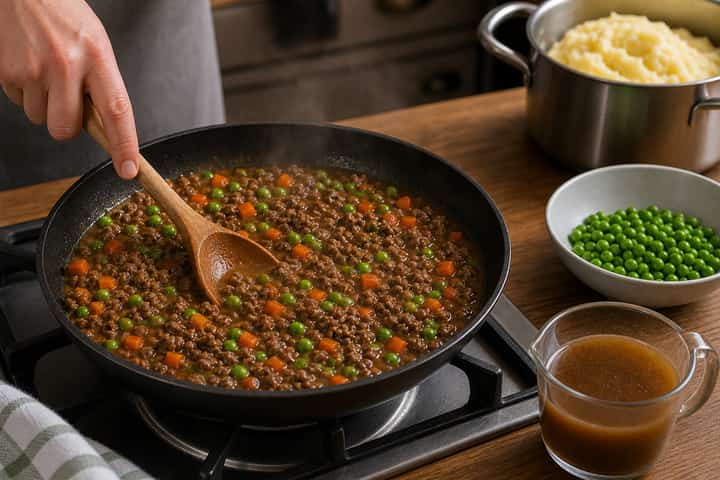 Cottage Pie with Peas cooking step 4: Bring it together.
