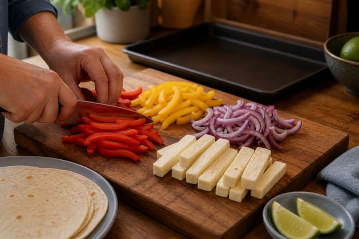 Halloumi Pepper Fajita Tray cooking step 2: Slice everything.
