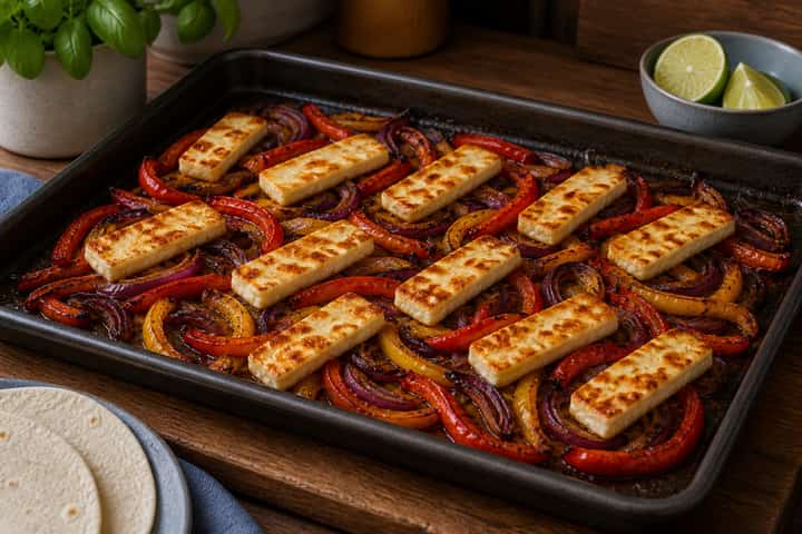 Halloumi Pepper Fajita Tray cooking step 4: Add the halloumi.