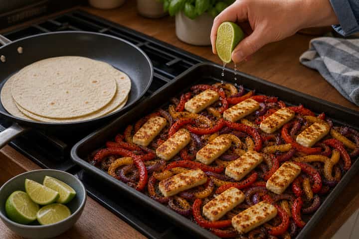 Halloumi Pepper Fajita Tray cooking step 5: Warm the wraps.