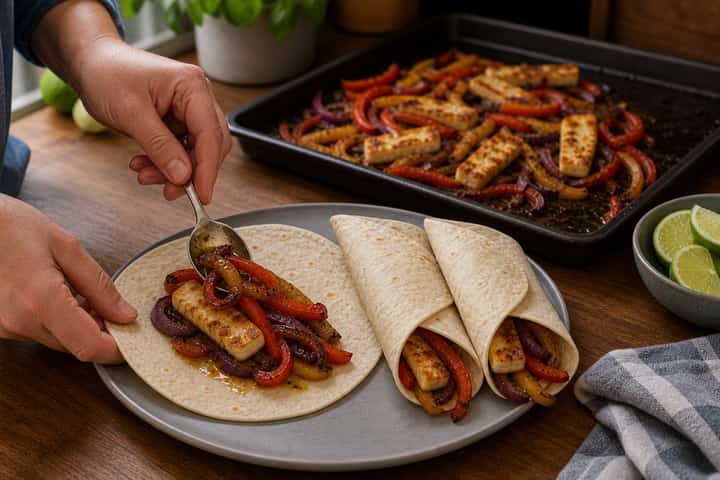 Halloumi Pepper Fajita Tray cooking step 6: Fill and fold.
