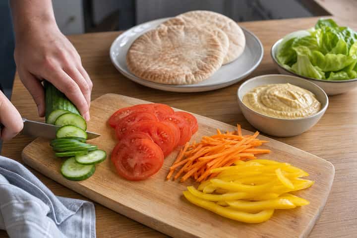 Hummus Rainbow Pitta cooking step 1: Get prepped.