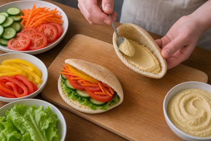 Hummus Rainbow Pitta cooking step 4: Bring it together.
